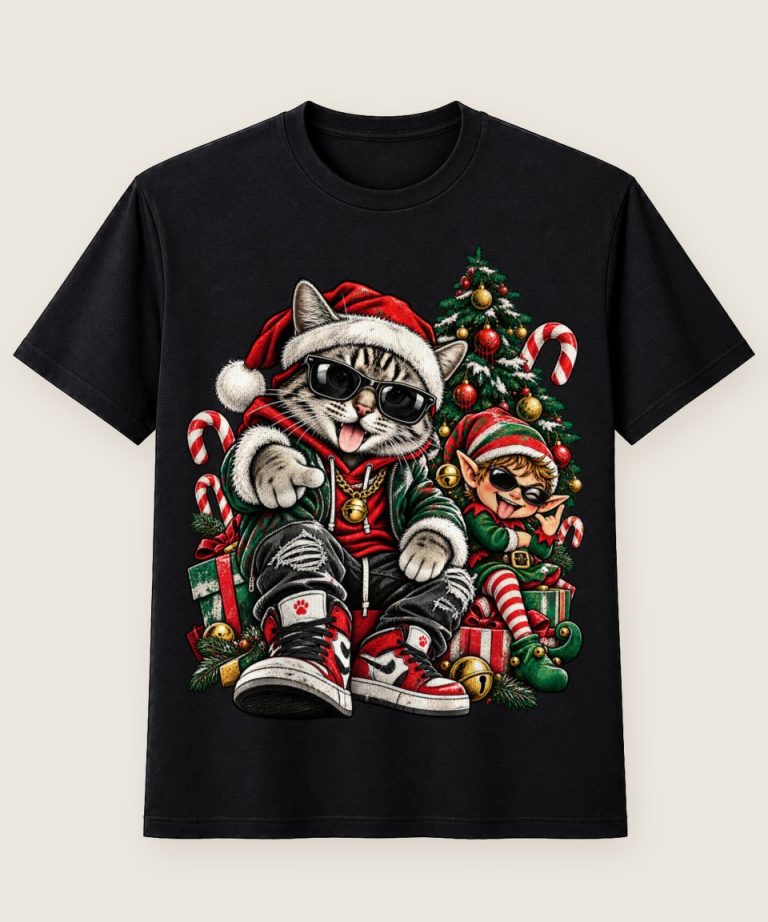 T-Shirt mit Motiv „Weihnachtskatze Mit Elf“ – Weihnachts-T-Shirts