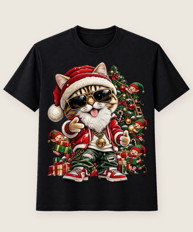T-Shirt mit Motiv „Weihnachtskatze Mit Hip-Hop-Elfen“ – Weihnachts-T-Shirts