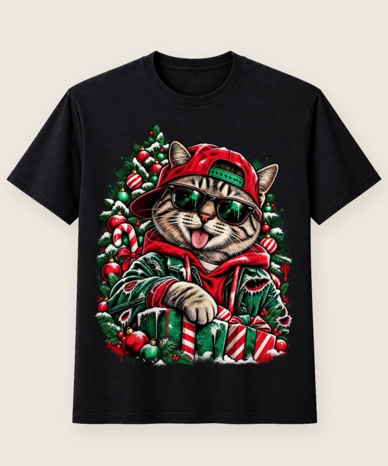 T-Shirt mit Motiv „Weihnachtskatze Mit Sonnenbrille“ – Weihnachts-T-Shirts