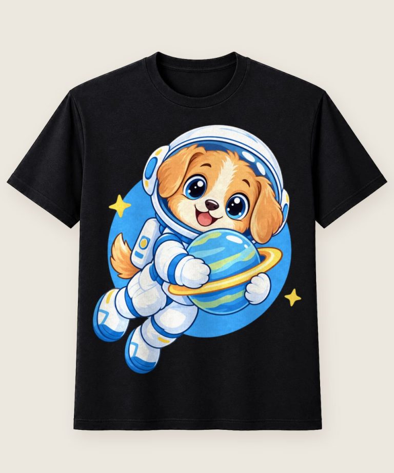 T-Shirt mit Motiv „Welpen-Astronaut umarmt kleinen Planeten“ – Kinder-T-Shirts