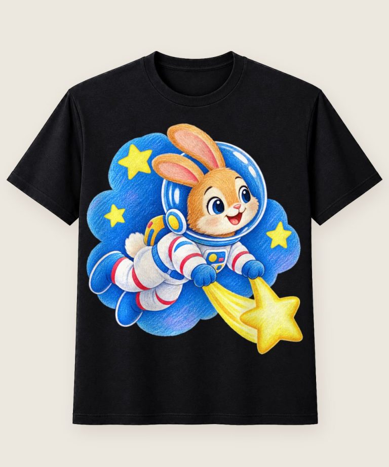 T-Shirt mit Motiv „Weltraum-Hase jagt Sternschnuppe Kinder“ – Kinder-T-Shirts