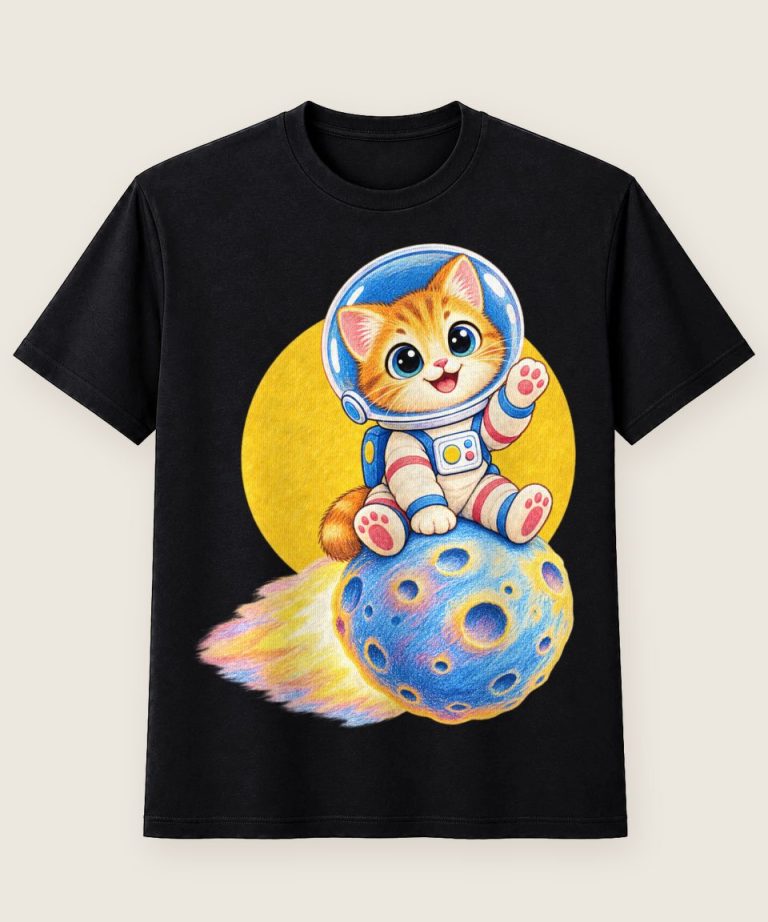 T-Shirt mit Motiv „Weltraumkatze auf Komet Abenteuer Kinder“ – Kinder-T-Shirts