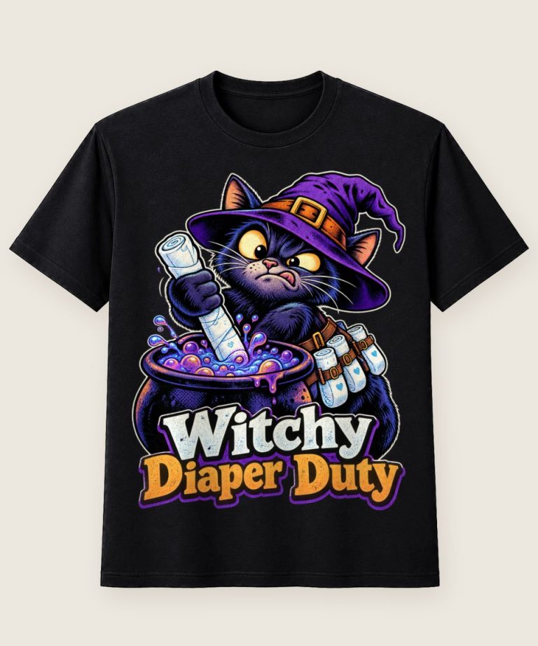 T-Shirt mit Motiv „Witchy Diaper Duty Hexenkatze Halloween Papa“ – Halloween T-Shirts