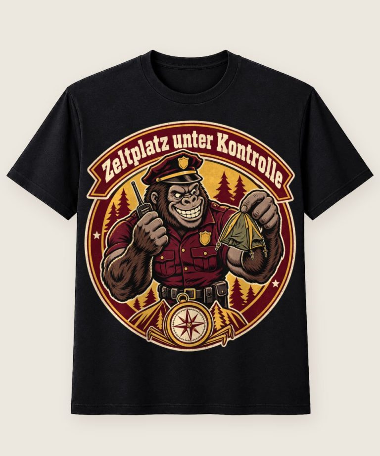 T-Shirt mit Motiv „Zelt-Camping Gorilla als Ordnungshüter“ – Hobby & Freizeit T-Shirts